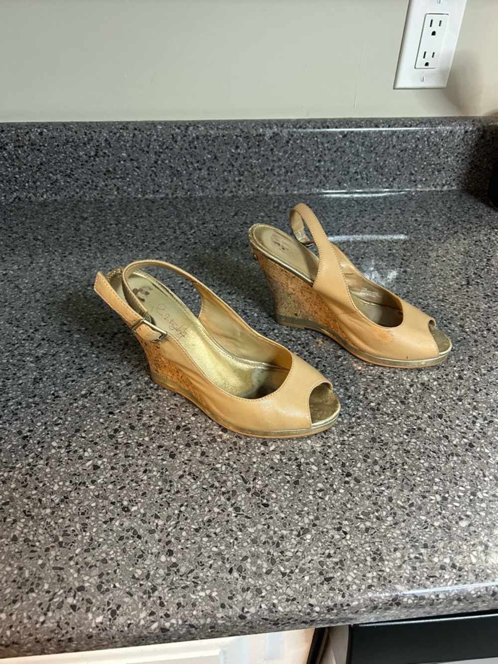 Lilly Pulitzer Gold Peep-Toe Cork Wedge Slingbacks
